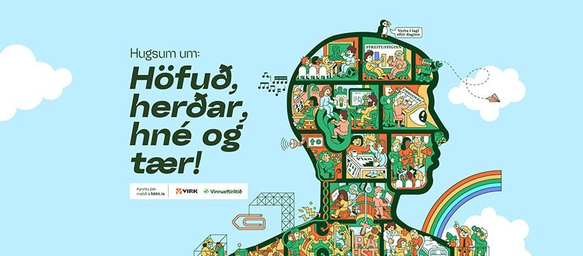 Vitundarvakningin Hugsum um: Höfuð herðar hné og tær við vinnu.