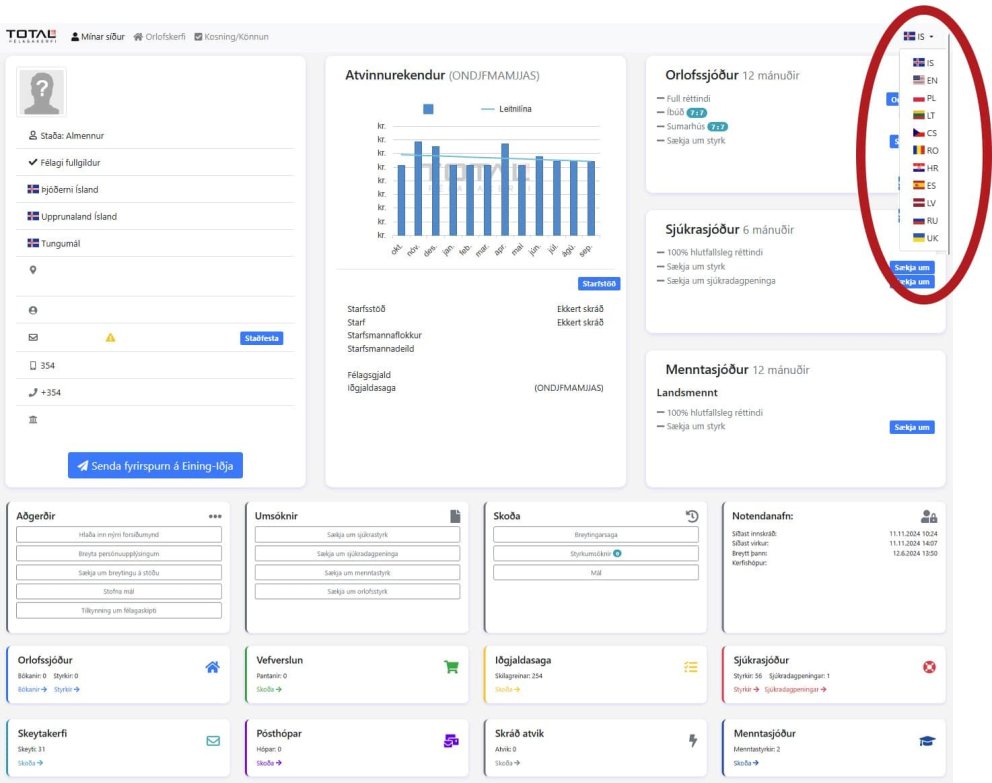Mínar síður - skipta um tungumál