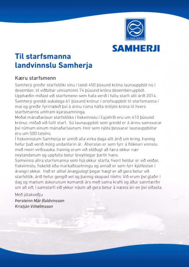 Samherji greiðir starfsfólki í landi kr. 450.000 í jólabónus